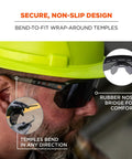 Oversized Blade Style Anti Fog Safety Glasses Featuring Polarized Tinted Lenses With Anti Scratch Coating For Tough Job Sites show bend-to-fit temples and rubber nose bridge.