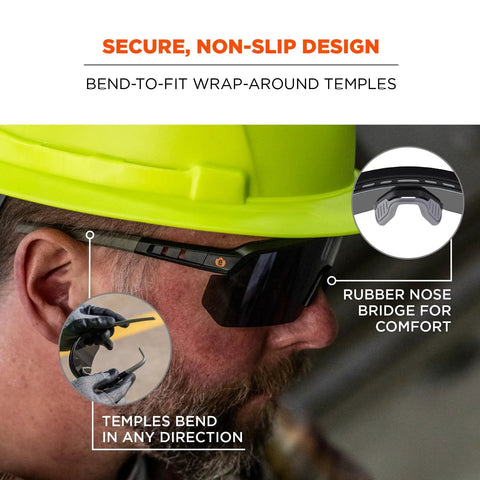 Oversized Blade Style Anti Fog Safety Glasses Featuring Polarized Tinted Lenses With Anti Scratch Coating For Tough Job Sites show bend-to-fit temples and rubber nose bridge.