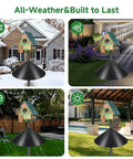 Beefy Heavy Duty Adjustable Bird Feeder Pole With Squirrel Baffle And Universal Stand Mount shown in four outdoor settings
