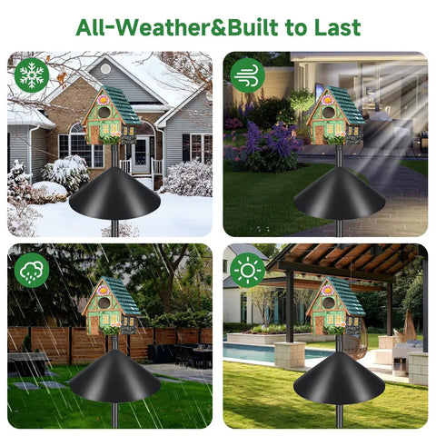 Beefy Heavy Duty Adjustable Bird Feeder Pole With Squirrel Baffle And Universal Stand Mount shown in four outdoor settings