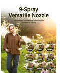 Woman using Beefy Heavy Duty Retractable Garden Hose Reel 100 Ft 5/8 In Wall Mount With Brass Fittings 9 Pattern Nozzle