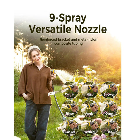 Woman using Beefy Heavy Duty Retractable Garden Hose Reel 100 Ft 5/8 In Wall Mount With Brass Fittings 9 Pattern Nozzle