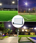 10 Pack LED Flood Lights Outdoor 300W Ultra Bright Security Lighting With IP65 Weatherproof Rating For Yard And Barn, Warm White Glow illuminating a sports complex at night.
