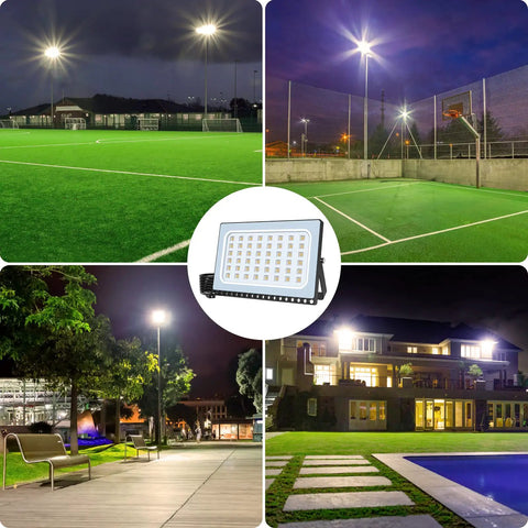 10 Pack LED Flood Lights Outdoor 300W Ultra Bright Security Lighting With IP65 Weatherproof Rating For Yard And Barn, Warm White Glow illuminating a sports complex at night.