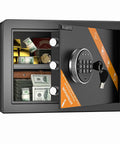 Heavy Duty Home Safe With Digital Keypad Lock And Fireproof Steel Cabinet 2.0 Cu Ft open with cash and gold inside