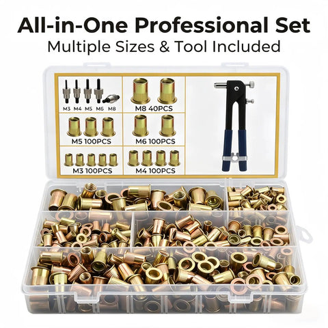 Complete 440-Pc Metric Rivet Nut Tool Kit With Heavy Duty Hand Gun For Auto Repair, Sheet Metal Work, Furniture Assembly And Diy Projects Featuring Interchangeable M3 M4 M5 M6 M8 Mandrels, plastic case