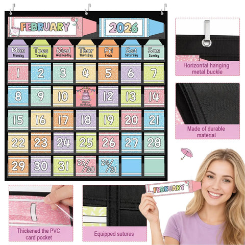 Pastel Classroom Calendar Chart With Pockets Set For Back To School Must-Have Colorful Bulletin Board Calendar With 82 Cards