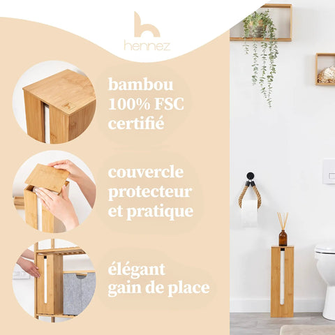 Image of Bamboo Toilet Paper Storage Holder With Lid On A Sturdy Bamboo Base, Space Saving Roll Dispenser visible in a bathroom setting.