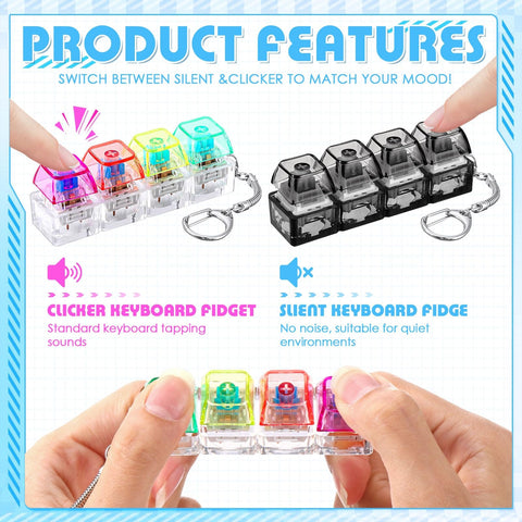 2 Pack 4 In 1 Keyboard Fidget Clicker Toys For Adults Silent And Loud Dual Sound Keychain Cube Stress Relief For Office Or Home Transparent Colors In Pastel Hues Fidget Fix Desk Sidekick