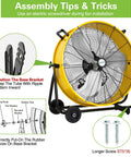Assembly instructions for 24 Inch High Velocity Industrial Drum Fan, yellow fan with steel housing and wheels visible.