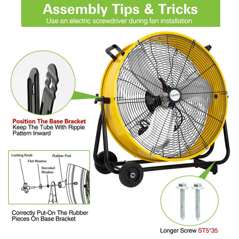 Assembly instructions for 24 Inch High Velocity Industrial Drum Fan, yellow fan with steel housing and wheels visible.