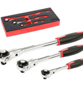 100 Tooth Swivel Head Ratchet Set for Heavy Duty Jobs with 1/4, 3/8, 1/2 inch drives, in chrome vanadium, EVA foam tray included.