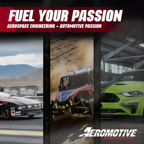 Three high-performance vehicles with logo and 'Fuel Your Passion' slogan by Aeromotive.