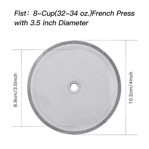 Top view of a 4-inch stainless steel mesh screen for French press, showing dimensions. Part of the Six Pack French Press Replacement Filters 4 Inch Stainless Steel Mesh Screens For 1000 ML 34 Oz Eight Cup Coffee Makers And Tea Machines Easy To Clean Durable Replacement Part For Fresh Brew.