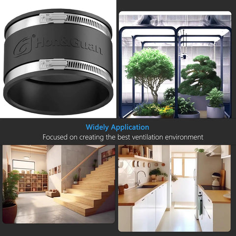 8 Inch Dust Collection Fittings Rubber Noise Reduction Clamp For 8 Inch PVC Pipe HVAC Inline Duct Fans And Carbon Filters Duct Reducer Easy Fit 8 To 6 Inch Duct Adapter Connector shown with greenery and interior spaces.