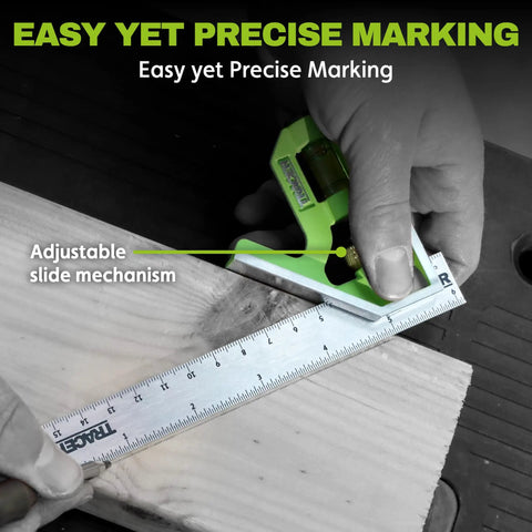 Badass 6 Inch Combination Square With Built In Level And Etched Scribe Durable Stainless Steel Ruler measuring wood with adjustable slide.