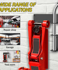 Wall Mount Floor Jack Stand Rack Organizer Heavy Duty Mount Brackets Hydraulic Jack Holder Garage Tool Organizer For Workshops And Garages Safe Storage And Space Saving Tower Trailer Accessories displayed on wall in tool room