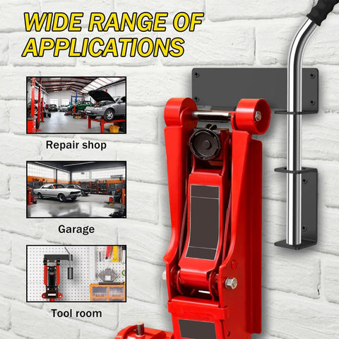 Wall Mount Floor Jack Stand Rack Organizer Heavy Duty Mount Brackets Hydraulic Jack Holder Garage Tool Organizer For Workshops And Garages Safe Storage And Space Saving Tower Trailer Accessories displayed on wall in tool room