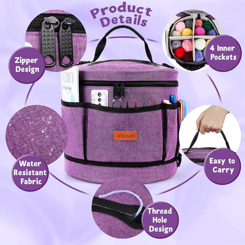 Ultimate Beginner Crochet Kit For Adults with 9 soft-handle hooks, 20 skeins yarn, handy crochet bag with details in purple theme.