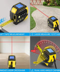 4 In 1 Laser Tape Measure All In One With 131Ft Laser Distance Meter 16Ft AutoLock Tape Cross Line Laser Level Pro Grade Dual Axis Electronic Angle LCD Display Built For DIY And Construction Projects shown with tape, laser line, crosshair, and angle display