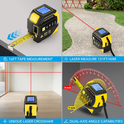 4 In 1 Laser Tape Measure All In One With 131Ft Laser Distance Meter 16Ft AutoLock Tape Cross Line Laser Level Pro Grade Dual Axis Electronic Angle LCD Display Built For DIY And Construction Projects shown with tape, laser line, crosshair, and angle display