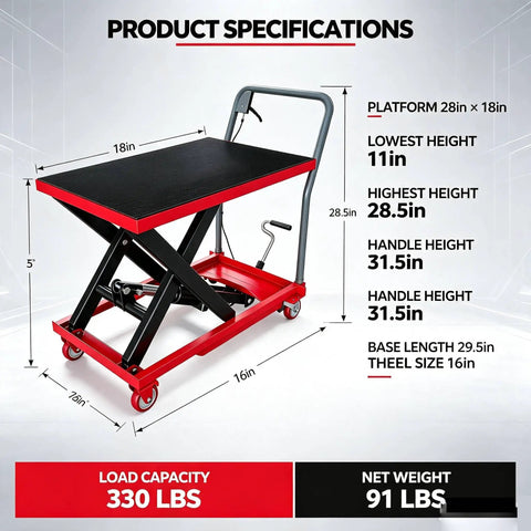 Manual Hydraulic Scissor Lift Table Cart Providing 330 Lb Capacity Plus 28.5 Inch Max Rise Smooth Heavy Duty Workhorse Built Tough To Handle Any Garage Job Without Breaking A Sweat
