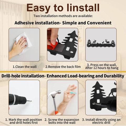 Installation guide for Chic Deer Wall Hook Rack With Seven Smooth Hooks And Double Adhesive Screw Mount for Kitchen Bathroom Storage.
