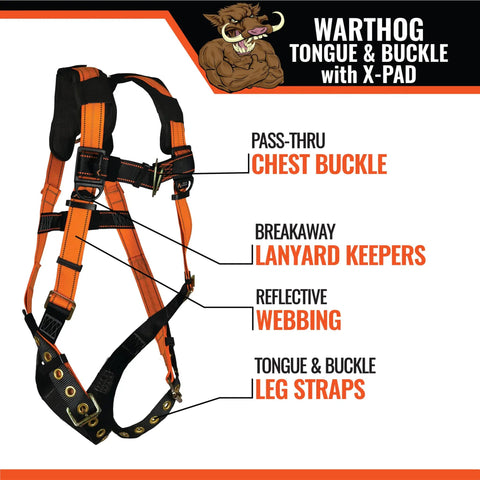 Warthog Tongue And Buckle Full Body Fall Protection Harness With X Pad, ANSI Z359.11 Compliance, detailed labeled parts view