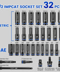 32 Piece One Half Inch Drive Impact Socket Set With High Visibility Blue Rings And White Case, Deep SAE And Metric Sockets.