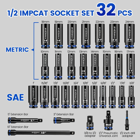32 Piece One Half Inch Drive Impact Socket Set With High Visibility Blue Rings And White Case, Deep SAE And Metric Sockets.