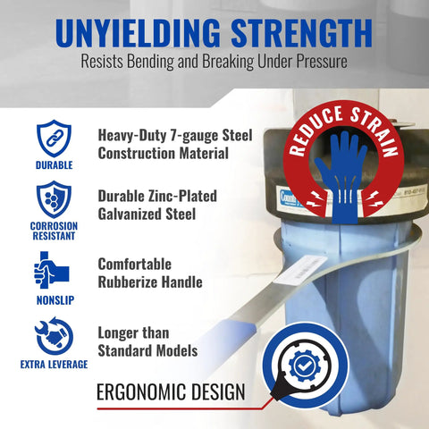 Infographic showing features of Metal Water Filter Housing Wrench 6 Inch Inside Diameter Replacement Tool For SW-4 And American Plumber Culligan Whirlpool Housings Built Tough For Pros Fits 152015 And 144368 Filtration Units