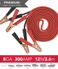 Roadside Ready 12-Foot Heavy Duty Jumper Cables visible in coiled position with copper clamps for vehicle emergency use.