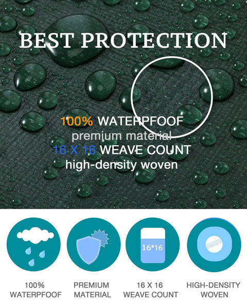 Close-up of green tarp with water droplets, highlighting 100% waterproof, 16x16 weave, Beefy Heavy Duty Tarps 16mil Waterproof Poly Tarpaulin.