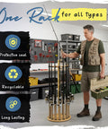 Man in garage with Round 16 Rod Storage Rack With Handcrafted Wood Post No Tool Assembly Wood Grain Laminate Organizer
