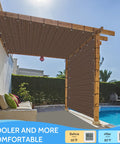 Sun Shade Cloth 10x12 Ft Shade Fabric With Stainless Reinforced Grommets For Pergolas Patios Decks And Backyards Mocha Color Delivers Up To 95 UV Block And Privacy For Your Outdoor Space shown over poolside pergola