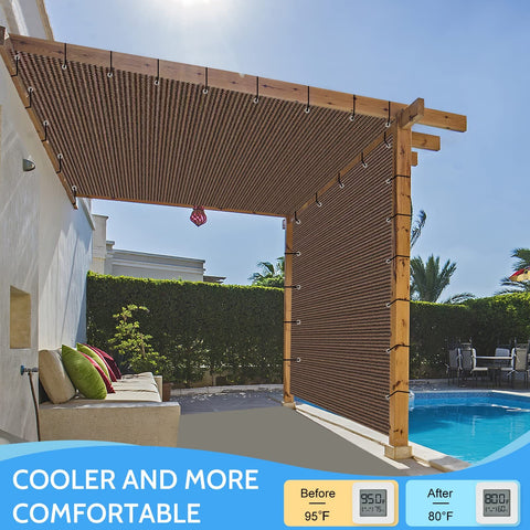Sun Shade Cloth 10x12 Ft Shade Fabric With Stainless Reinforced Grommets For Pergolas Patios Decks And Backyards Mocha Color Delivers Up To 95 UV Block And Privacy For Your Outdoor Space shown over poolside pergola