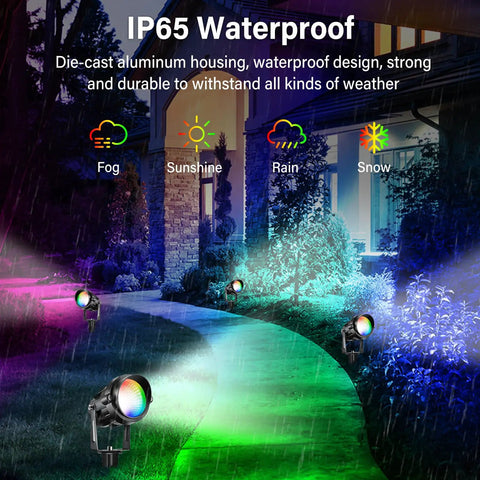 12W RGBW Low Voltage Outdoor Landscape Lights with remote illuminating a garden path in multiple colors, suitable for all weather.