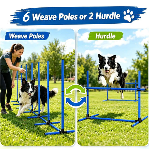 6 Weave Poles Or 2 Hurdles Convertible Dog Agility Set used by a dog in park.