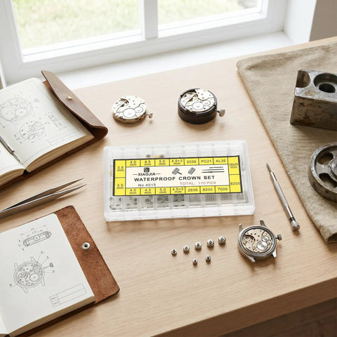 Stainless Steel Watch Stem Extender And Crowns Repair Kit With Box For Watch Makers And Repair Pros Durable Parts For Quick Easy Repairs And Long Lasting Performance displayed on a table with tools and diagrams.