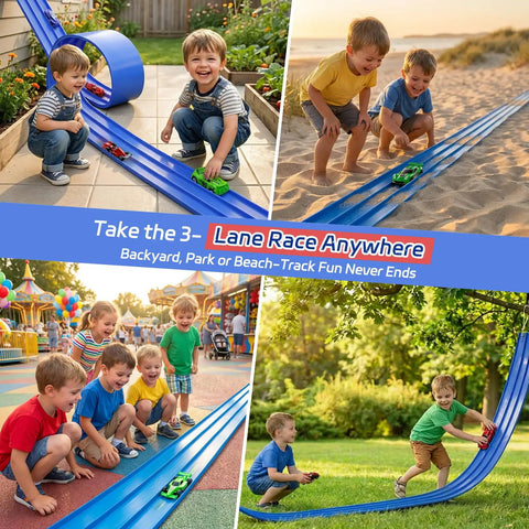 Children playing with Three Lane Flexible Race Track Toy Set, showing roll-up design and strong suction cups, outdoors and indoors