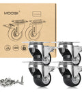 Front view of MOOGII 304 stainless steel caster wheels with brakes; set of 4 with PU wheels and mounting screws.