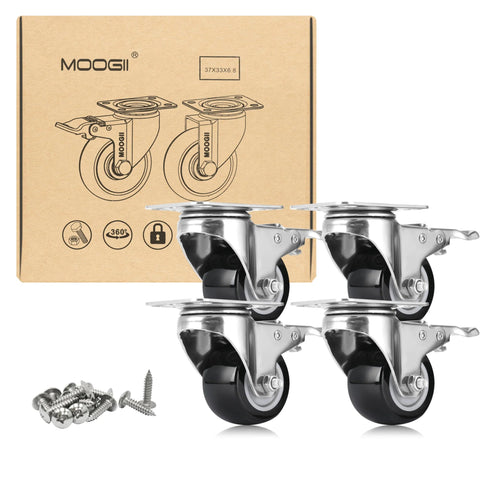 Front view of MOOGII 304 stainless steel caster wheels with brakes; set of 4 with PU wheels and mounting screws.