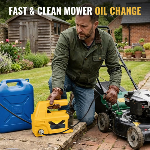 Man using Oil Change Pump Extractor For 20V Max Batteries Cordless Transfer Pump 120W 300GPH on lawn mower next to oil container.