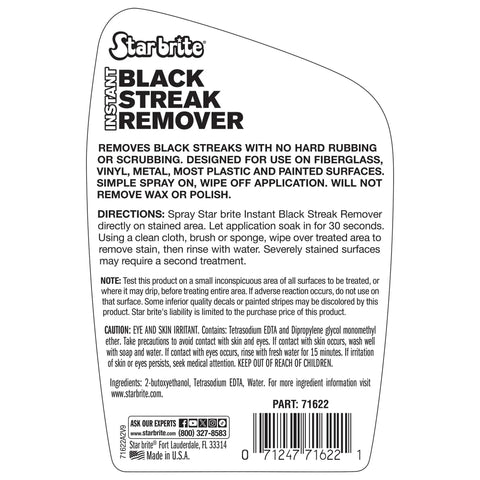 Instant Black Streak Remover Spray For Boats, RVs, Campers And More Quick No Scrub Streak Eliminator Safe On Fiberglass, Metal, Plastic And Painted Surfaces 22 Oz back label