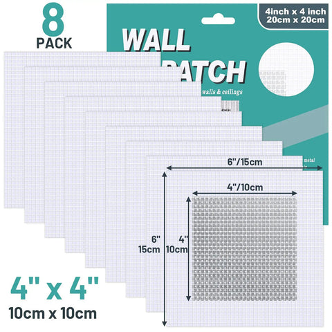 Packaging of Eight Piece Four Inch Aluminum Drywall Patch Kit With Heavy Duty Wall Hole Patches Scraper And Sandpaper Included