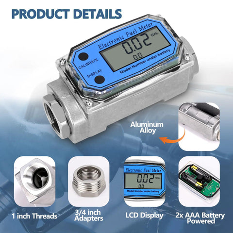 Digital Turbine Fuel Flow Meter Inline One Inch Two Point Six To Twenty Six GPM NPT Thread With Three Quarter Inch Adapters