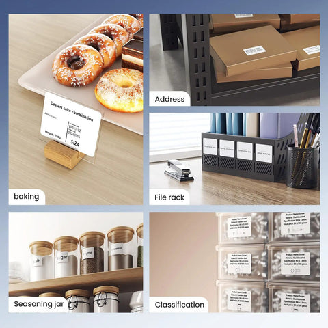 Display of Wireless Bluetooth Thermal Label Printer For Home And Business Prints Two Inch Wide Shipping Labels On Standard Rolls Compact Desktop Maker With Three Included Rolls used for kitchen labeling.
