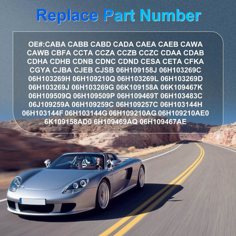 Sports car on highway with EA888 Engine Timing Chain Kit With Timing Cover Camshaft Bracket For Audi VW 2008-2015 part numbers overlay