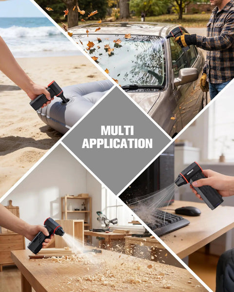 F5S 180000 RPM Cordless Air Duster With Brushless Motor used for cleaning beach items, car, desk, and woodwork