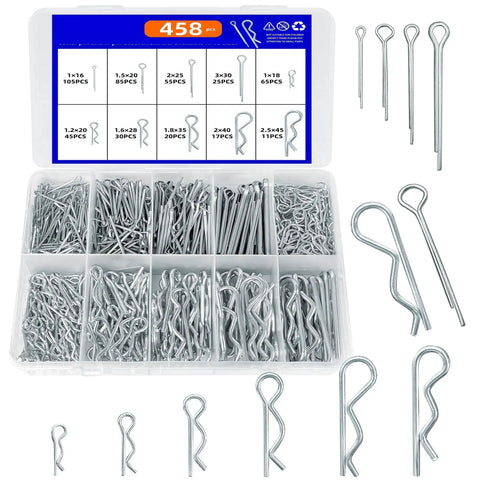 458 Pieces Cotter Pin And R Pin Assortment Kit With Locking Pins Split Pins And Tractor Clips For Mechanical Hitch Pins Carbon Pro Grade Heavy Duty Construction For Farm And Equipment, assorted sizes in plastic case
